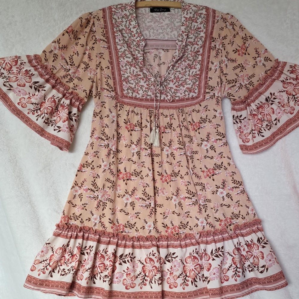 Hey Samy Babydoll Dress Floral Bohemian V-neck Bell Sleeves Tassels Flared SizeL - Picture 2 of 7